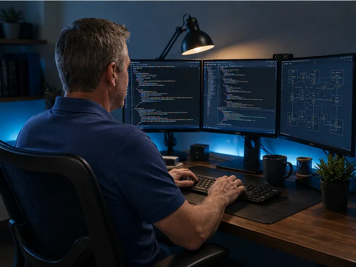 Developer at a multi-monitor workstation with code on screen